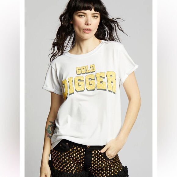 Recycled Karma Gold Digger White Vintage Fitted Statement Tee NEW SMALL - Picture 2 of 6